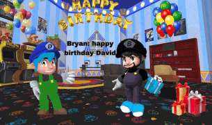 two cartoon characters are standing in a room with balloons and a banner that says happy birthday