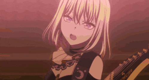 a girl with blonde hair and purple eyes is holding a guitar strap that says ' squier ' on it