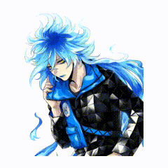 a man with long blue hair is wearing a blue scarf