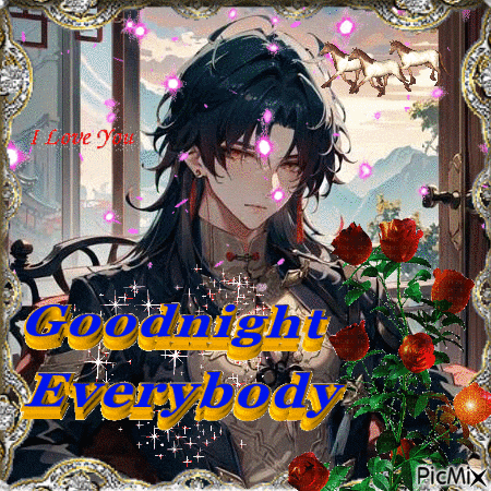 a goodnight everybody greeting card with a picture of a man with long hair and roses .