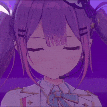 a girl with purple hair and yellow eyes is wearing a microphone
