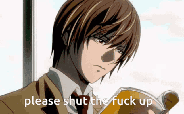a man reading a book with the words please shut the fuck up behind him