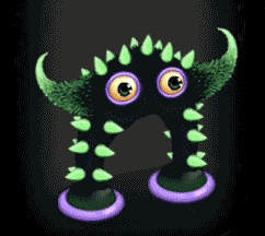 a black monster with green horns and purple rings on its legs