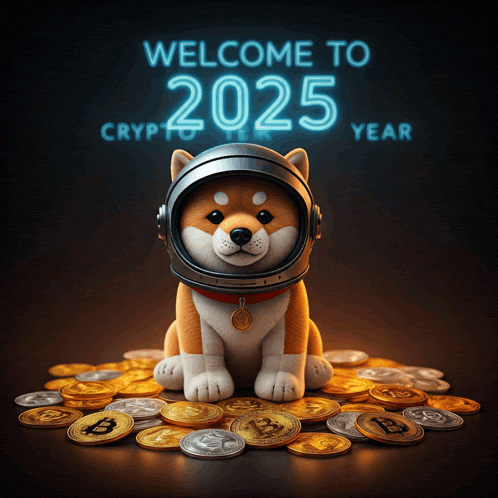 a dog wearing a helmet sits in a pile of coins with the words welcome to 2025 crypto year behind him