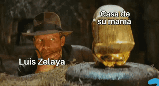 a man in a hat is looking at a gold object with the words casa de su mama luis zelaya written below him