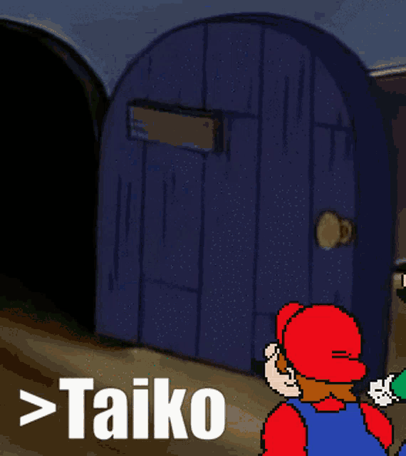 a cartoon of mario and luigi in front of a blue door with the text taiko below them