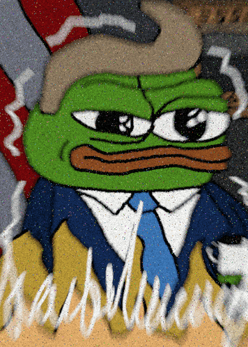 a drawing of a green frog wearing a suit and tie with the word trump written on it