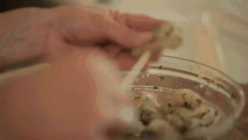 a person is holding a piece of food on a skewer .