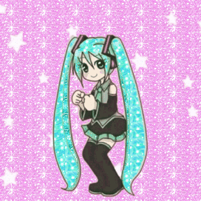 a cartoon girl with blue hair is dancing on a pink background with stars .