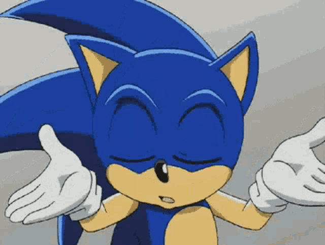 a close up of a cartoon character with his eyes closed and his hands outstretched