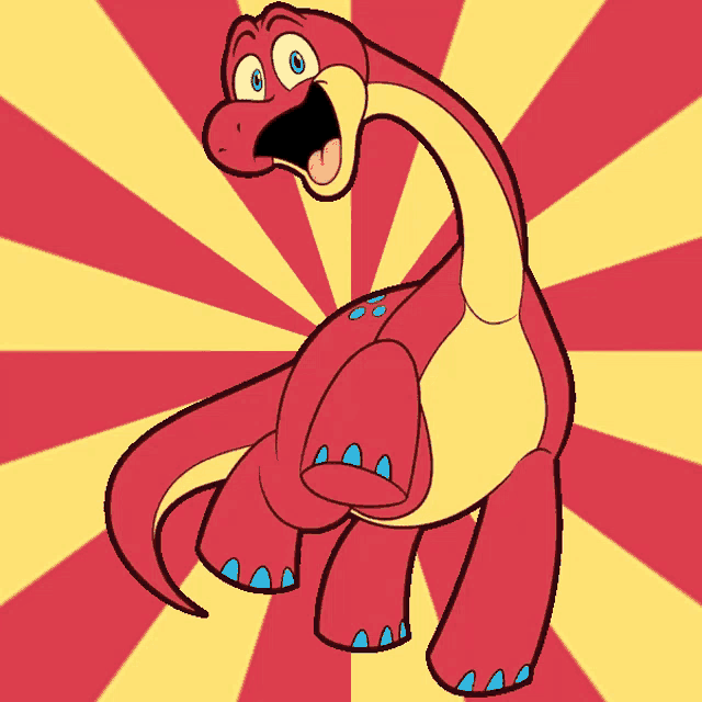 a cartoon of a red and yellow dinosaur with a surprised look on its face