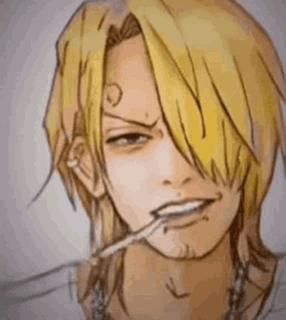 a close up of a person 's face with a cigarette in his mouth .