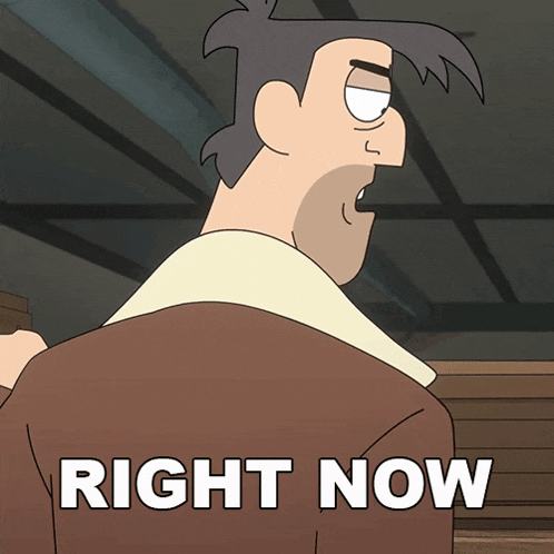 a cartoon of a man with the words right now on the bottom