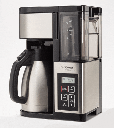 a stainless steel zojirushi coffee maker with a timer