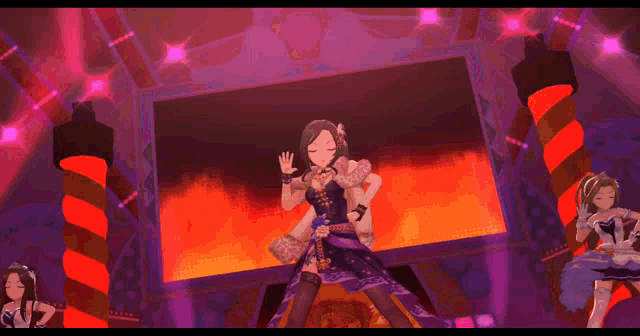 a girl in a purple dress is singing on a stage in front of a large screen
