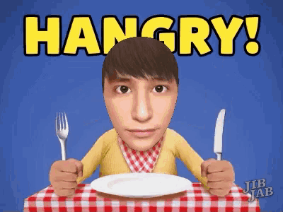 a man is sitting at a table holding a fork and knife with the words hangry behind him