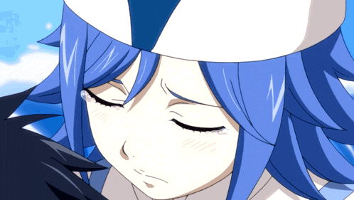 a girl with blue hair wearing a white hat is crying