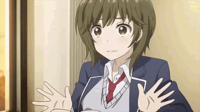 a girl in a school uniform is waving her hands in front of a window