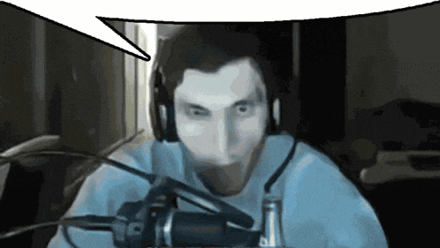 a man wearing headphones talking into a microphone with a speech bubble above him