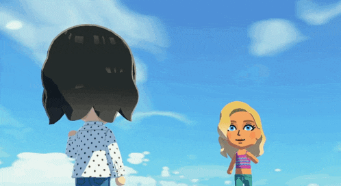 two cartoon characters standing next to each other with a blue sky in the background