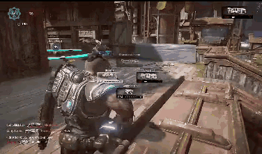 a video game is being played and the player is wearing a gears of war uniform