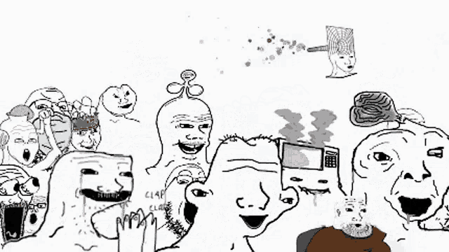 a drawing of a group of people with various faces