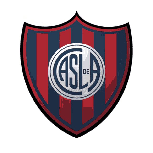 a red and blue striped shield with the letters asla on it