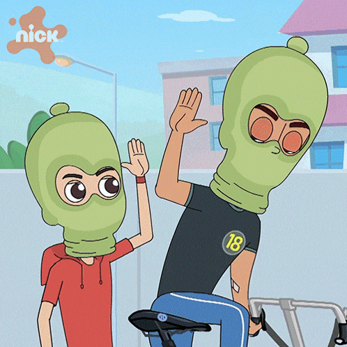 a cartoon of a boy wearing a mask and a man wearing a shirt with the number 18 on it