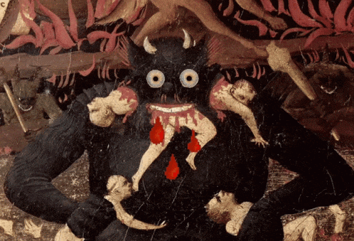 a painting of a devil with horns holding a baby