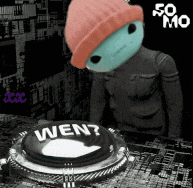 a cartoon character is standing next to a button that has the word wen written on it