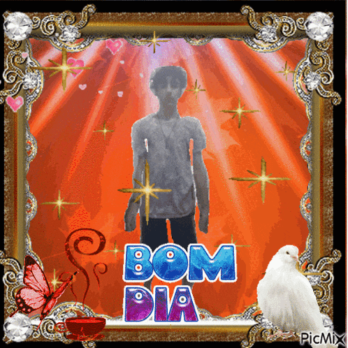 a picture of a man with bom dia written in blue letters