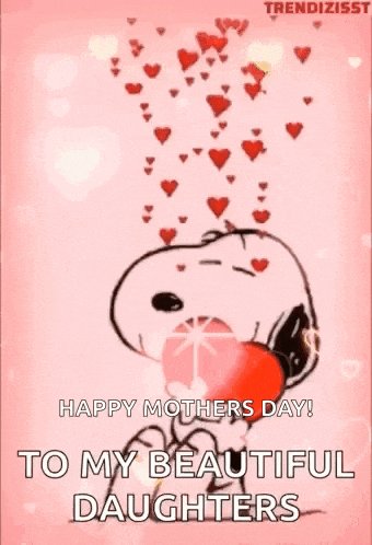 snoopy is holding a heart in his mouth with hearts coming out of it .