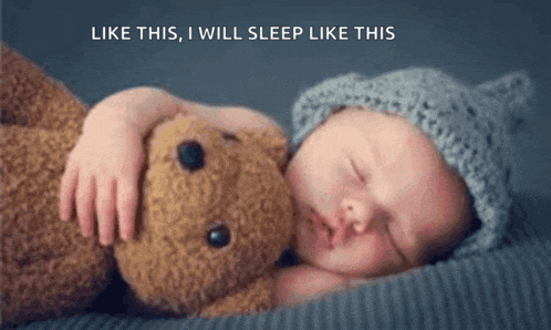 a baby is sleeping next to a teddy bear with the words " like this i will sleep like this " below it