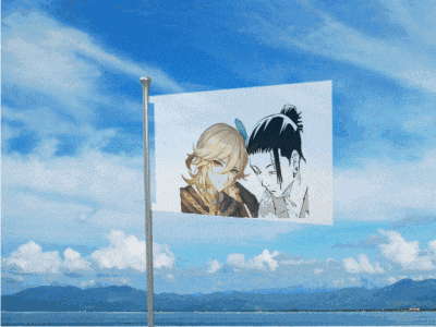 a flag with a picture of a boy and girl on it