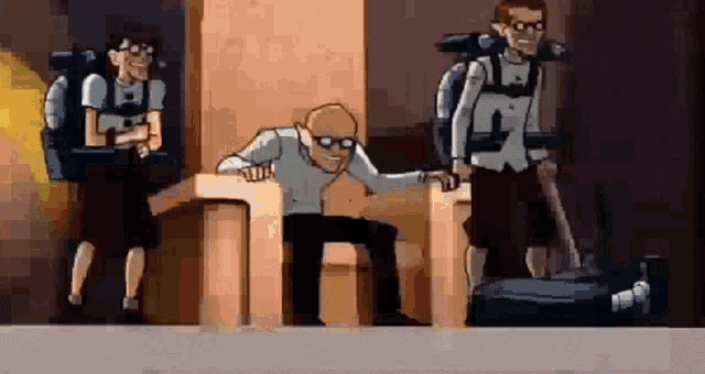 a cartoon of a man sitting in a chair with a backpack on his back .