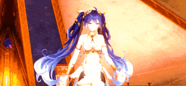a girl with blue hair is standing in front of a large mirror