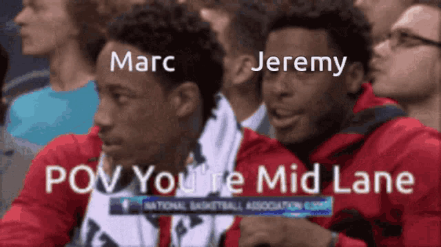 a group of people sitting in a stadium with the words pov you 're mid lane above them