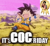 a cartoon of a boy with a sword and the words `` it 's coc friday '' .