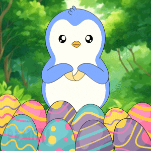 a blue penguin is standing in a pile of easter eggs