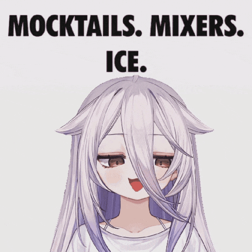 a picture of a girl with long white hair and the words " mocktails mixers ice " below her