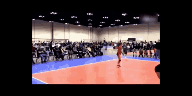 a volleyball game is being played in a gym with a crowd watching