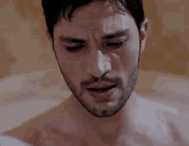 a shirtless man with a beard is sitting in a bathtub .