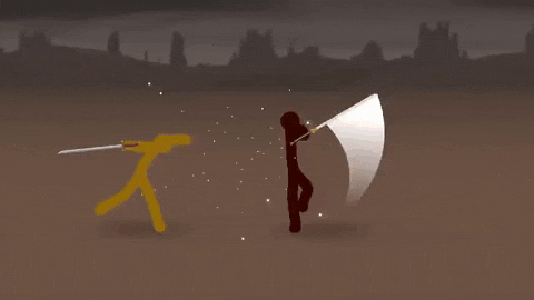 two stick figures are fighting each other in a video game with a lightning bolt coming out of their hands .