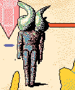 a pixel art of a knight with horns and a shield