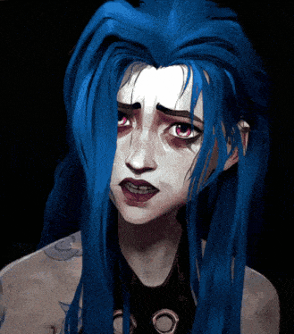 a close up of a cartoon character with blue hair and pink eyes