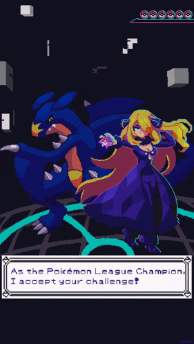 a pixel art of a woman standing next to a blue dragon with the words as the pokemon league champion i accept your challenge