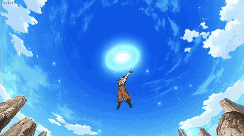 a man in orange pants is flying through the air with a blue sky behind him