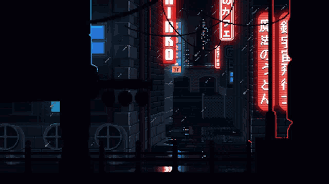 a pixel art of a city at night with neon signs including one that says ' 3f '