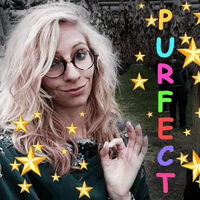 a woman wearing glasses is surrounded by stars and the word perfect is on the bottom