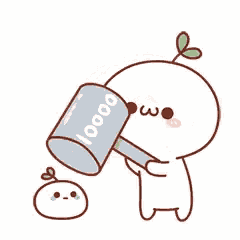 a cartoon character is holding a cup with a green plant growing out of it .